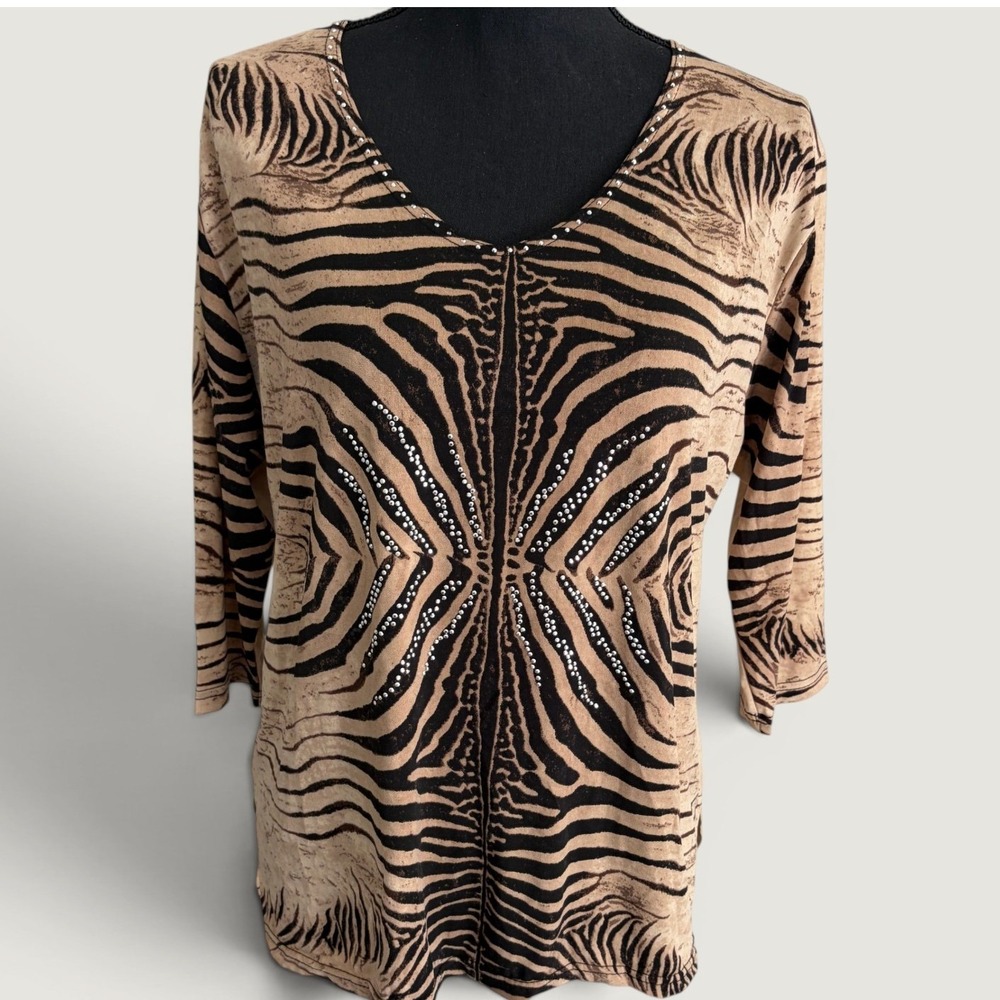 Valentina Zebra Print Rhinestone V-Neck Blouse Womens Large Y2K Art To Wear Top